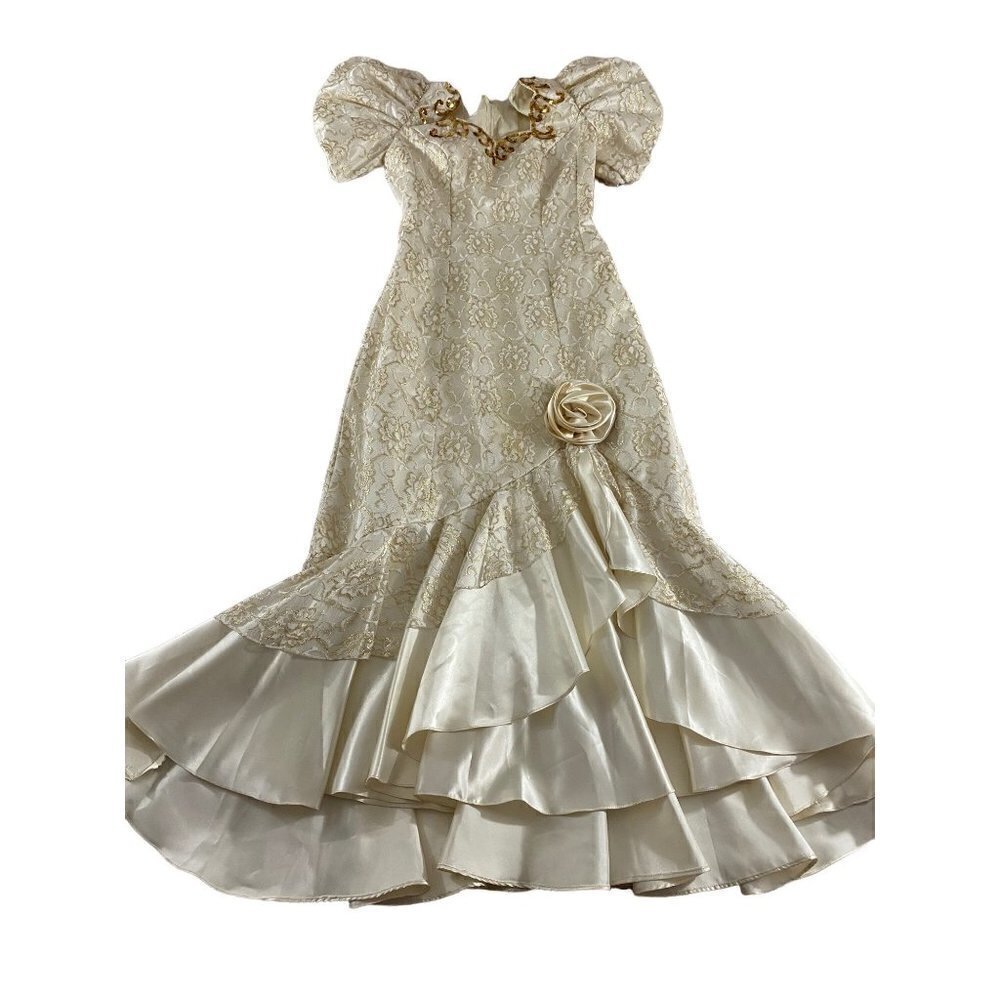 Vintage Mike Benet Formals Ivory Puff Sleeves Gown With Gold Trim - Small